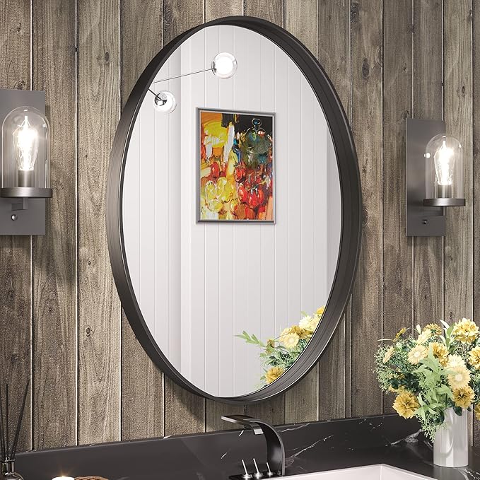TETOTE Black Oval Mirror for Bathroom, 22 x 30 Matte Black Framed Oval Wall Mirror for Vanity, Modern Decorative Shatterproof Mirrors for Entryway, Living Room, Bedroom