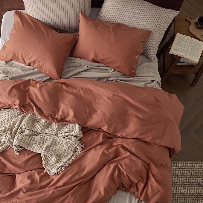 Bedsure Linen Duvet Cover Queen - Linen Cotton Blend Bedding Set, Soft & Cozy, 3 Pieces, 1 Duvet Cover 90x90 Inches and 2 Pillowcases, Burnt Orange Color Cooling Bedding, Comforter Sold Separately