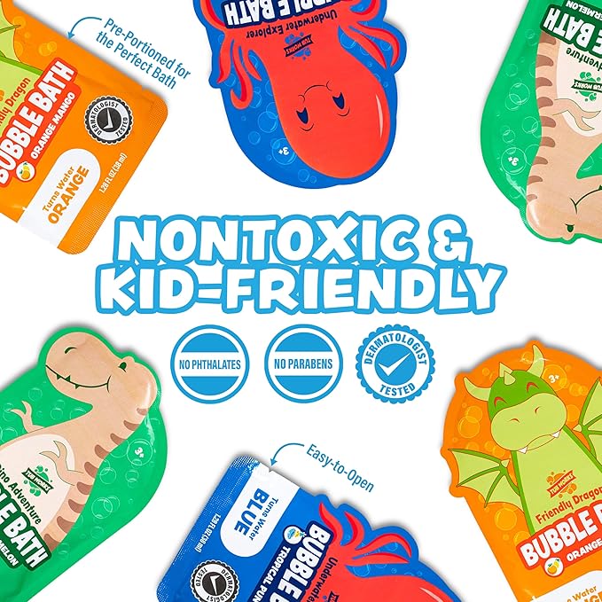 Tub Works® Magical Kids Bubble Bath, Variety 12 Pack | Creates Colorful Water & Tons of Bath Bubbles | Nontoxic | Character-Themed Bubble Bath for Kids | Green, Blue & Orange Bath Colors