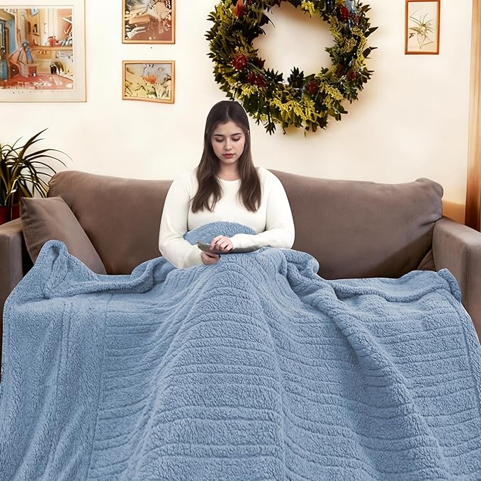Electric Heated Blanket 6 Heating Settings & 10H Auto Off Full 72×84 Double Sided Plush Sherpa Ultra-Soft Warm Thick, Machine Washable, Fast Heating, Home Office Light Blue