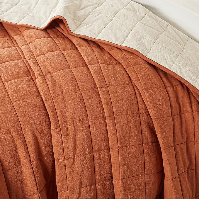 Burnt Orange Quilt King Size， Cotton Linen King Quilt Bed Spreads，3-Pieces King Size Quilt Bedding Set with Cream Stripe Coverlet Lightweight Bedding Comforters with 2 Pillow Shams