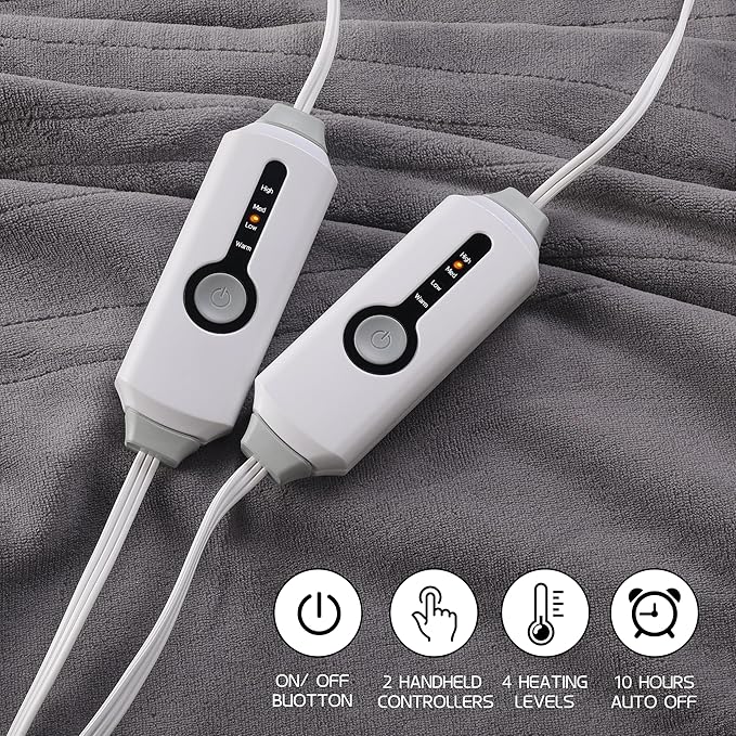 Electric Heated Blanket 84"x90" Queen Size, Soft Coral Fleece, Dual Controllers with 4 Heating Levels and 10 Hours Auto-Off, Machine Washable, Cozy Plush Fabric for Home, Light Grey