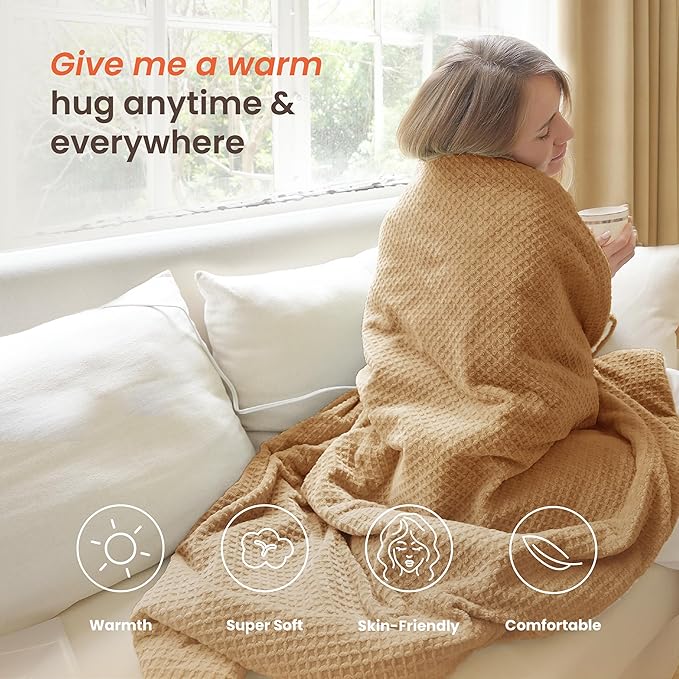 Heated Blanket Electric Blanket Twin Waffle, 62x84 Inches Sherpa Fleece Fast Heating Blanket 6 Heating Levels & 10 Hours Auto Off ETL Certification, Caramel Twin