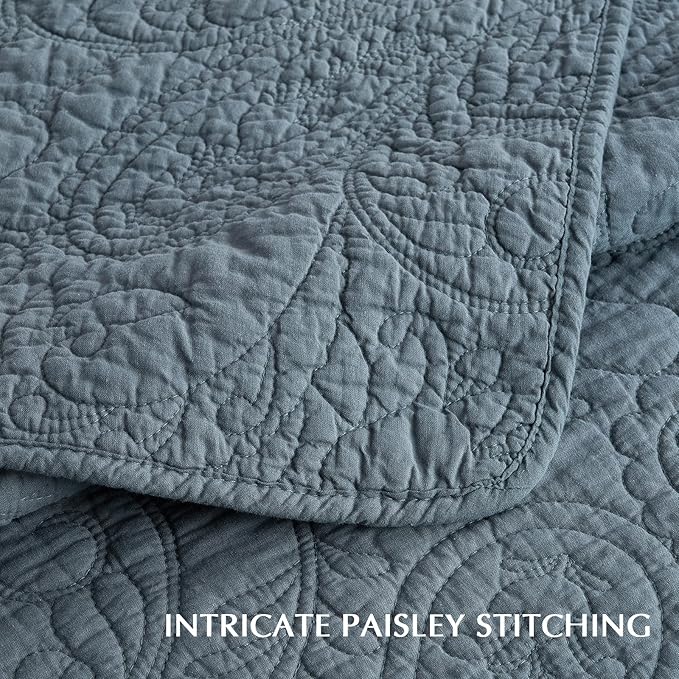 EVERGRACE 100% Cotton Paisley Quilt Set, King Size 3 Piece Set – Prewashed Lightweight Bedspread with 2 Shams, Soft & Breathable Matelasse Coverlet for All-Season Comfort, Stormy Blue