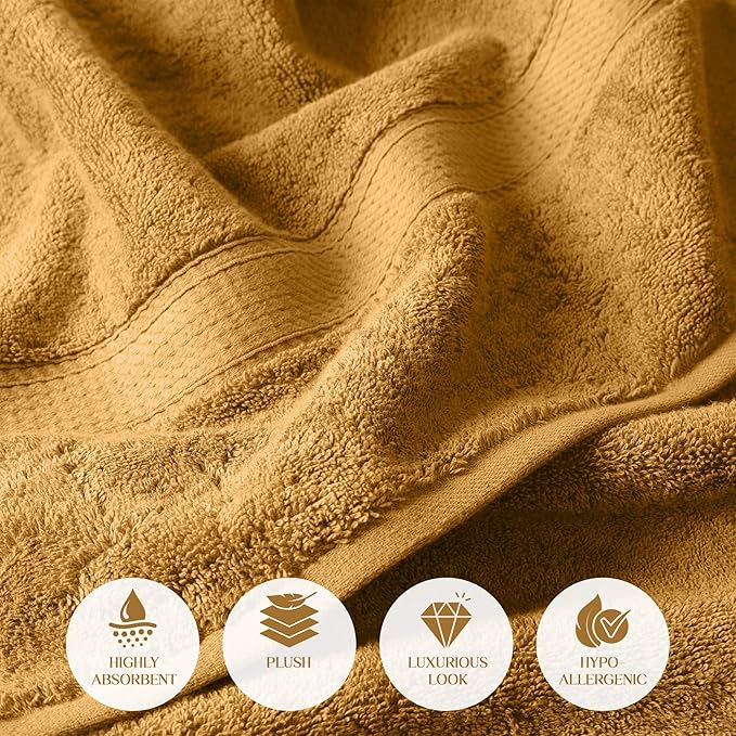Superior Egyptian Cotton Pile 8-Piece Towel Set, Includes 2 Bath, 2 Hand, 4 Face Towel/Washcloth, Heavyweight, Ultra Soft Luxury Towels, Thick Plush Essentials, Guest Bath, Spa, Hotel Bathroom, Gold