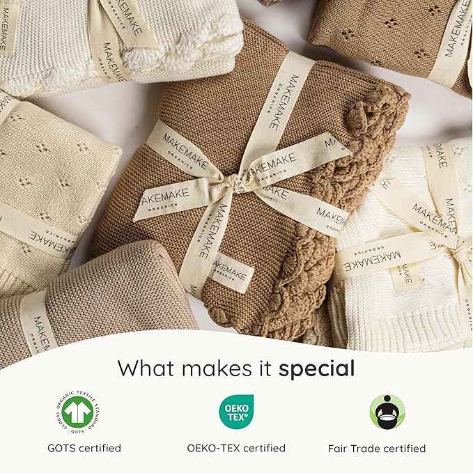 MakeMake Organics Organic Cotton Throw Blanket GOTS Certified Organic Knit Blanket Couch Bed Neutral Fall Colors Soft Cotton Throw Blanket Large (50x60, Beige)