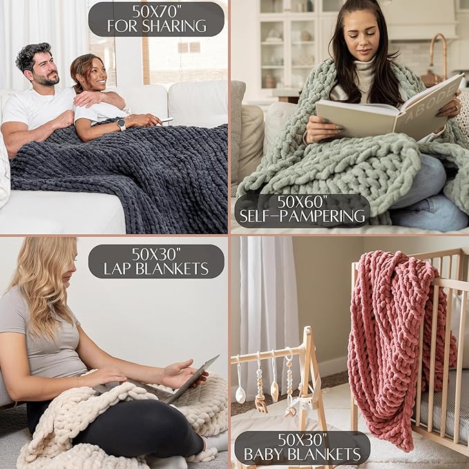 SAMIAH LUXE Chunky Knit Blanket Throw 50x30", Cream Chenille Chunky Knit Throw Blankets for Living Room Decor or Boho Decor, Personal Lap Blanket for Couch or Bed, Cable Knitted Crochet Lap Blankets