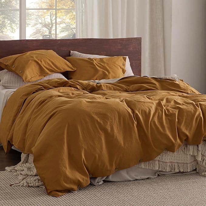 Bedsure Linen Duvet Cover King Size - Linen Cotton Blend Bedding Set, Soft & Cozy, 3 Pieces, 1 Duvet Cover 104x90 and 2 Pillowcases, Pumpkin Yellow Color Cooling Bedding, Comforter Sold Separately