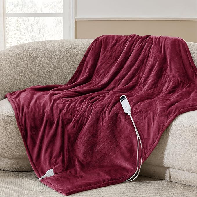 Bedsure Heated Blanket Throw Blanket - Fast Heating Electric Blanket, Soft Flannel Heated Throw with 4 Time Settings, 6 Heating Settings, Gifts for Grandma, Women, Men (50"x60", Burgundy)