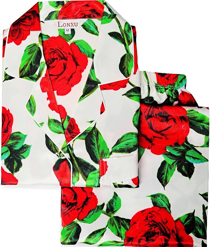 Lonxu Silk Satin Womens Pajama Sets Button Down Sleepwear Loungewear XS~3XL
