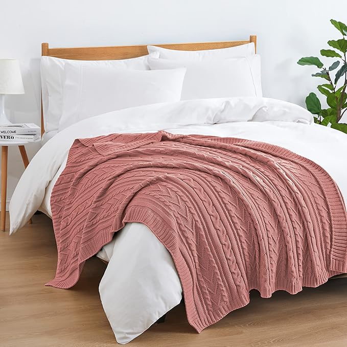Aormenzy Dusty Pink Cable Knit Throw Blanket Oversized 60" x 80" Super Soft Comfy Knitted Blanket for Couch Bed Sofa, Twin Size