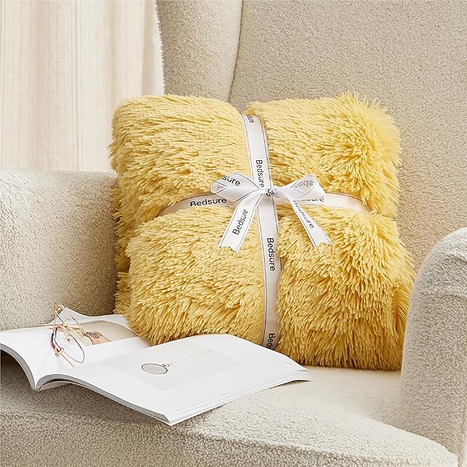 Bedsure GentleSoft Fluffy Yellow King Size Blanket for Bed, Thick Soft Sherpa Faux Fur Fleece Bedding Fuzzy Plush Winter Warm Heavy Big Large King Blanket, Cozy Yellow Gifts for Men Women, 108x90