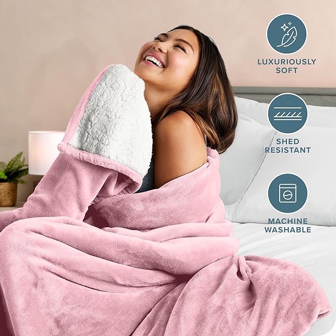 Bare Home Sherpa Fleece Blanket - King Size - Blanket for Bed, Sofa, and Couch - Warm & Lightweight - Fluffy & Soft - Reversible (King, Light Pink)