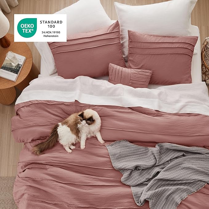 Bedsure Full Comforter Set - 4 Pieces Pinch Pleat Bed Set, Dusty Pink Boho Bedding for All Season, 1 Soft Comforter, 2 Pillowcases, 1 Decorative Pillow