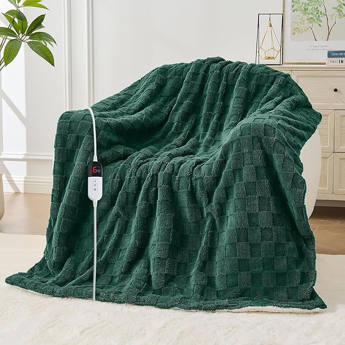 Electric Heated Blanket Twin Size - Jacquard Checkered Sherpa 62"x84" Fast Heating Bed Blankets with 6 Heating Levels & 10 Hours Auto Off, Over-Heat Protection ETL, Dark Green
