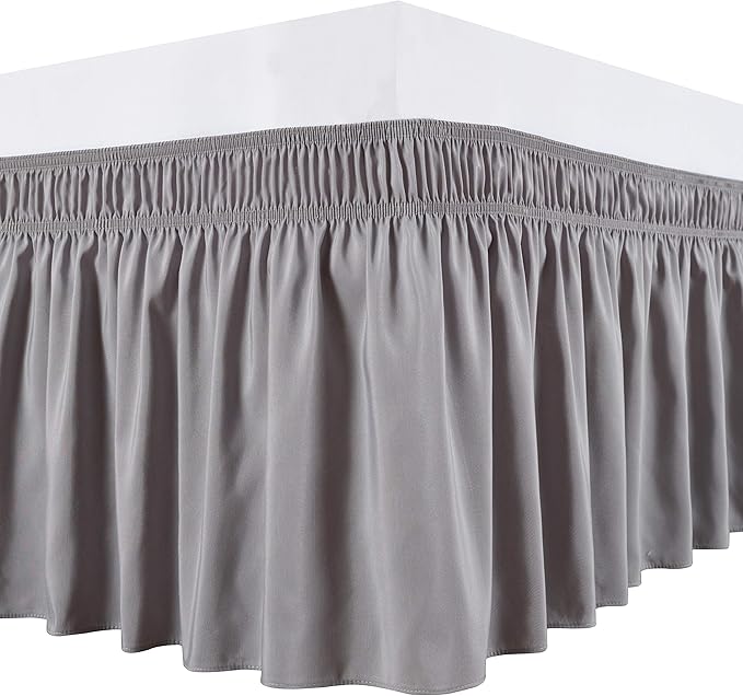Biscaynebay Wrap Around Bed Skirts for Queen Beds Extra Long Drop of 25", Silver Grey Adjustable Elastic Dust Ruffles Easy Fit Wrinkle Resistant Silky Luxurious Fabric Machine Washable