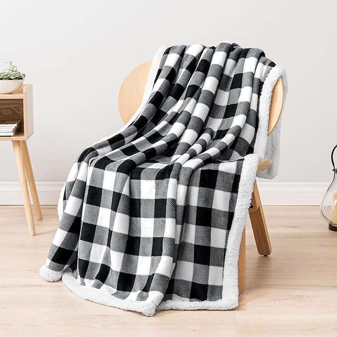 PAVILIA Black and White Buffalo Plaid Sherpa Throw Blanket for Couch Twin, Soft Fuzzy Flannel Blanket for Bed, Plush Checkered Fleece Blanket and Throws, Warm Thick Winter Blanket Gift, 60x80