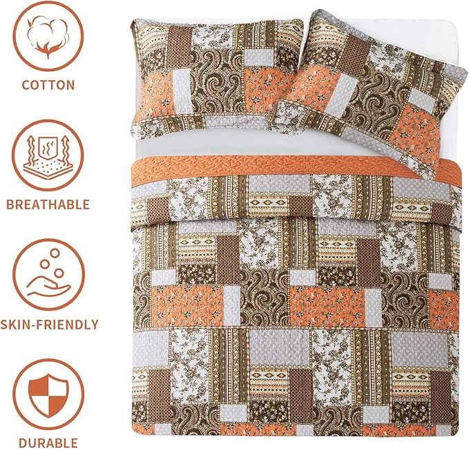 BEDIFANY Cotton Quilts King Size for Farmhouse- Fall Patchwork Bedspread Set - Highly-Woven Soft Reversible King Size Bed Spread for All Seasons (Floral Orange) 3 Pieces