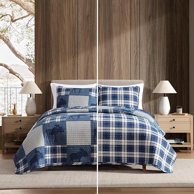 Eddie Bauer - Queen Quilt Set, Naturally Soft Cotton Bedding w/a Lightweight Feel for All-Year Comfort, Reversible w/Matching Pillowcases, 3 Piece Bed Set (Moose Plaid/Pinstripe/Patchwork Blue)