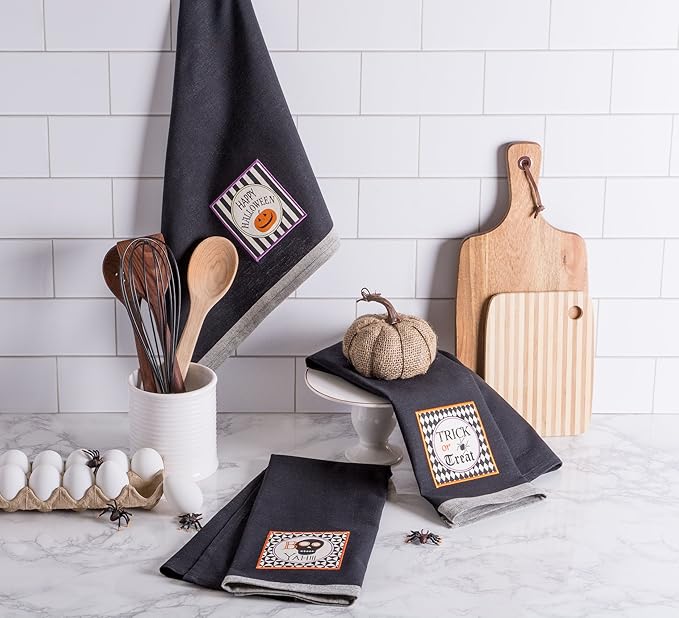 DII Happy Halloween Dishtowel Collection Embellished Cotton Kitchen Hand Towel Set, 18x28, Black All Hallows Eve, 3 Count