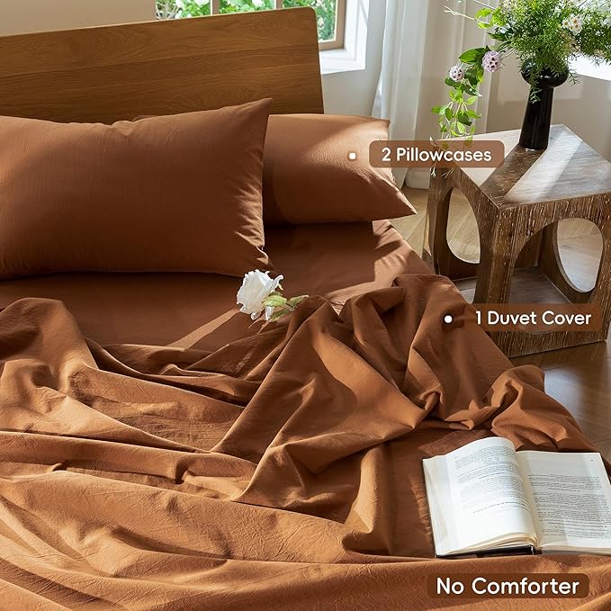 MooMee Bedding Duvet Cover Set 100% Washed Cotton Linen Like Textured Breathable Durable Soft Comfy (Solid Dark Orange, Cal King 104"x98")
