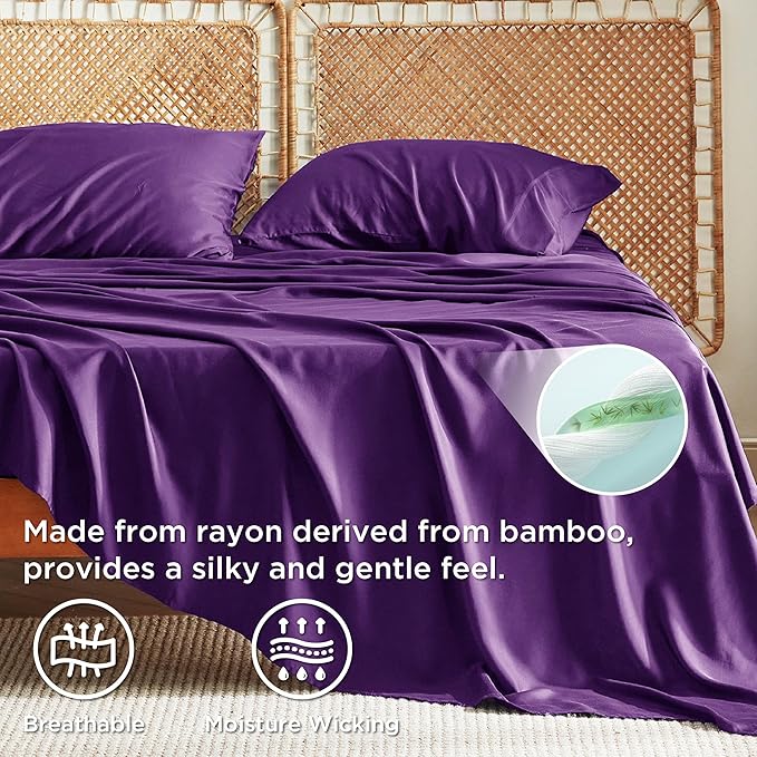 Bedsure California King Sheet Sets, Cooling Sheets for Hot Sleepers, Rayon Derived from Bamboo, Breathable & Soft, Deep Pocket Up to 16 Inches, Hotel Luxury Silky Bedding, Plum