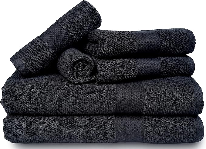 MAURA Premium Bath Towel Set 100% Cotton. 6 Piece Ultra Absorbent Quick Dry Soft Terry Bath Towels for Bathroom, Hotel and Spa Quality, Black