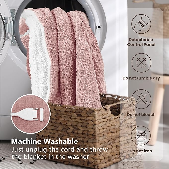Heated Blanket Electric Blanket Queen Waffle, 84x90 Inches Dual Controllers Sherpa Fleece Fast Heating Blanket 6 Heating Levels & 10 Hours Auto Off ETL Certification, Pink Queen