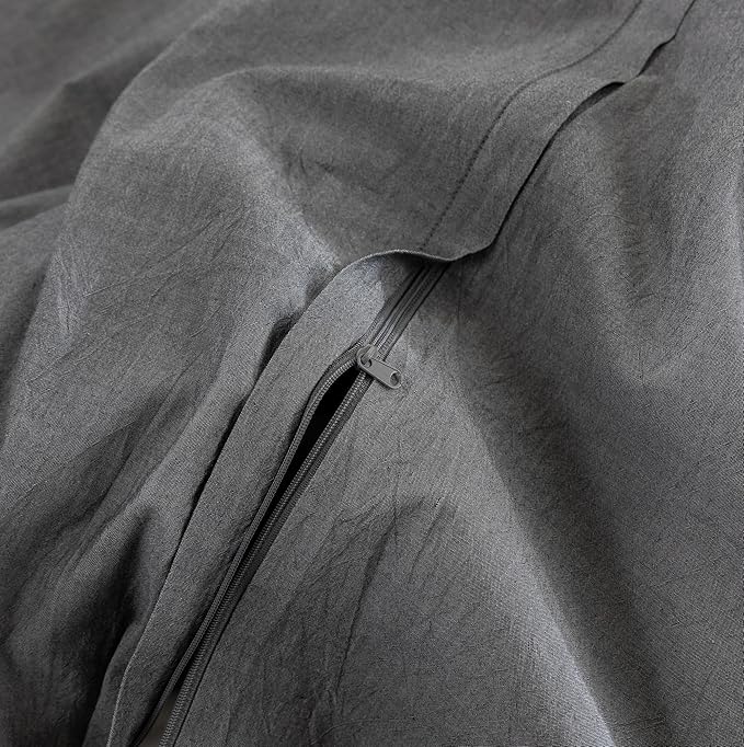 FOSSA Duvet Cover Set 100% Washed Cotton Linen Feel Super Soft Breathable Cozy 3 Pieces Bedding Sets Solid Dark Grey Super Queen