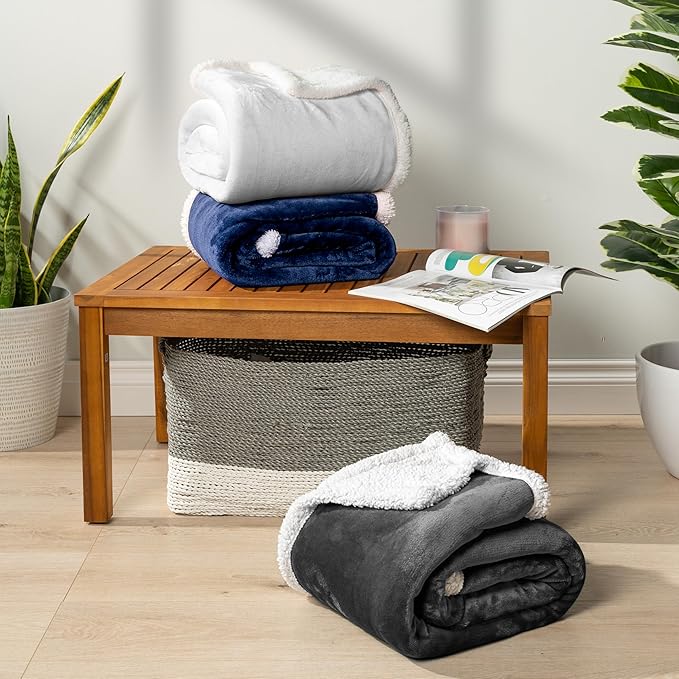 PAVILIA Sherpa Fleece Throw Blanket for Couch, Twin Size, Navy Blue, Plush Soft Fuzzy Sofa Blanket, Cozy Reversible Winter Throw for Women Men, 60x80 Inches