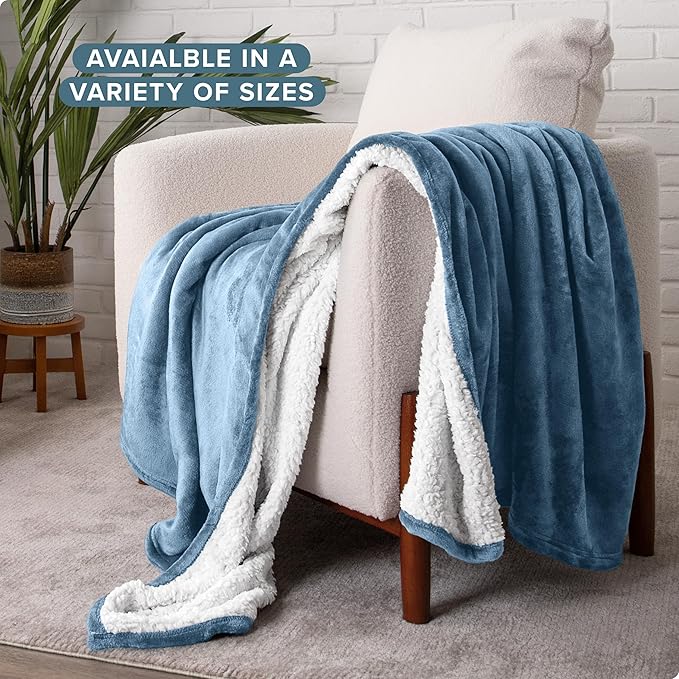 Bare Home Sherpa Fleece Blanket - Throw/Travel Size - Blanket for Bed, Sofa, and Couch - Warm & Lightweight - Fluffy & Soft - Reversible (Throw/Travel, Coronet Blue)