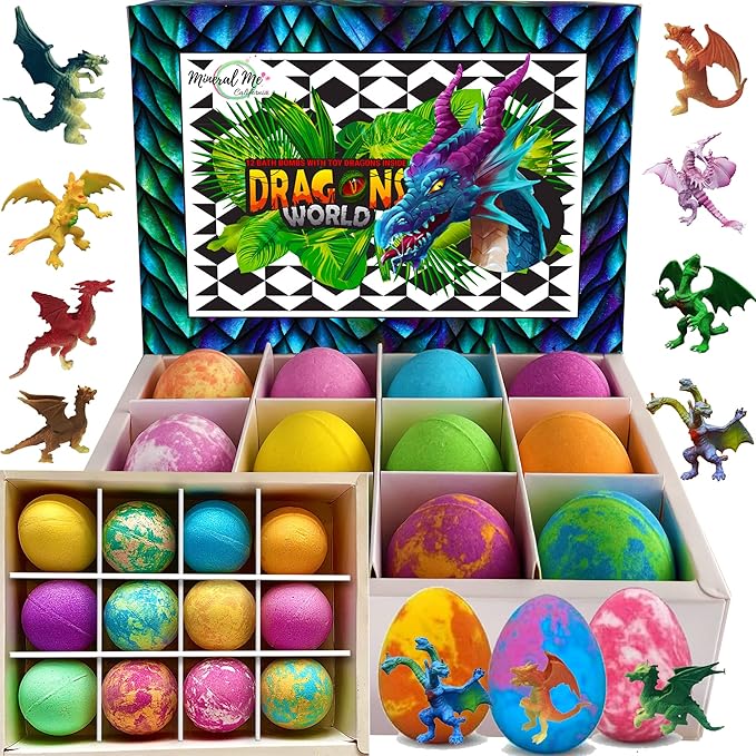 Bath Bombs for Kids with Surprise Inside - 12 Organic Bubble Bath Fizzies with Dragon Egg Toys. Gentle & Kids Friendly w/Rich Bubbles & Rainbow Colors, Stocking Stuffer Christmas Gifts for Boy, Girls