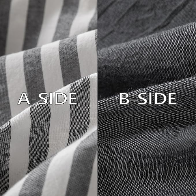 Reversible Duvet Cover Set 100% Washed Cotton Dark Grey Stripe Linen Feel Duvet Cover King Size with Zipper Closure & 2 Pillow Shams,Dark Grey/White Stripe Reverse Solid Dark Grey