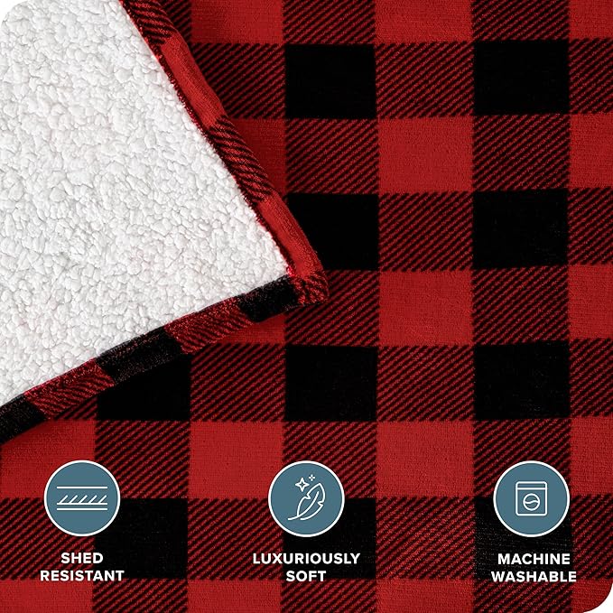 Bare Home Sherpa Fleece Blanket - Full/Queen Size - Blanket for Bed, Sofa, and Couch - Warm & Lightweight - Fluffy & Soft - Reversible (Full/Queen, Buffalo Plaid - Red/Black)