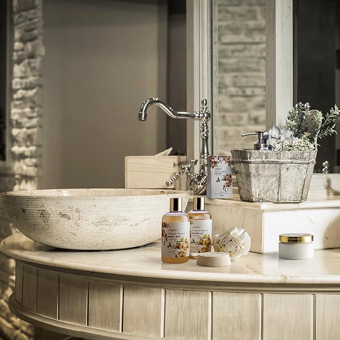 Christmas Gift Baskets for Women Gifts for Women Who Have Everything, Home Spa Honey & Almond Scent, Luxury Bath & Body Set - Shower Gel, Bubble Bath, Body Lotion, Salts, Bath Bomb, Bath Puff.