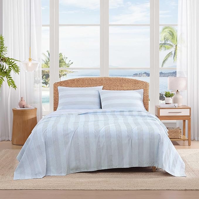 Tommy Bahama - King Sheets, Super Soft Cotton Percale Bedding Set with Matching Pillowcases, Crisp & Cool, Coastal Room Essentials (Weekend Stripe Blue, King)