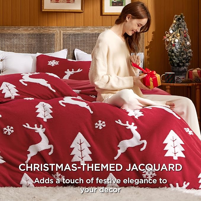 Bedsure Fluffy Christmas Duvet Cover Set - Ultra Soft Plush Shaggy Comforter Cover Twin Size, Warm Flannel Fleece Bed Sets for Winter, 2 Pieces, Reindeer Pattern, Red