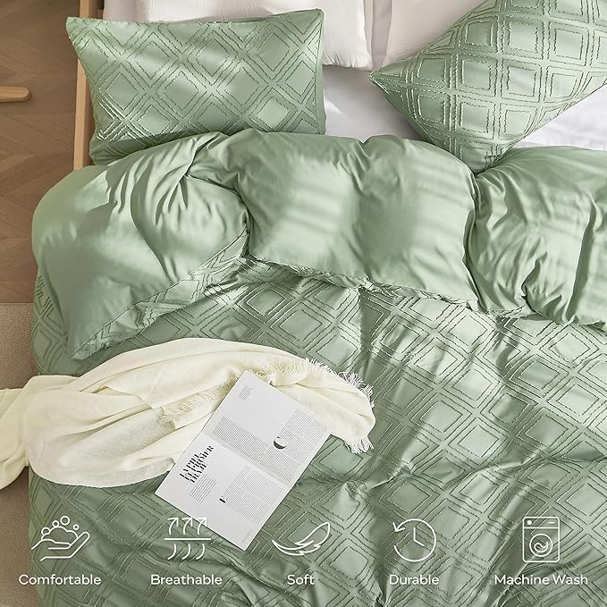 JELLYMONI Duvet Cover Full Size Light Green - 3PCS Boho Duvet Cover Set Plaid Polyester Tufted Bohemian Jacquard Knit Textured Comforter Cover 80×90in Rhombic Geometric Pattern Corner Ties & Zipper