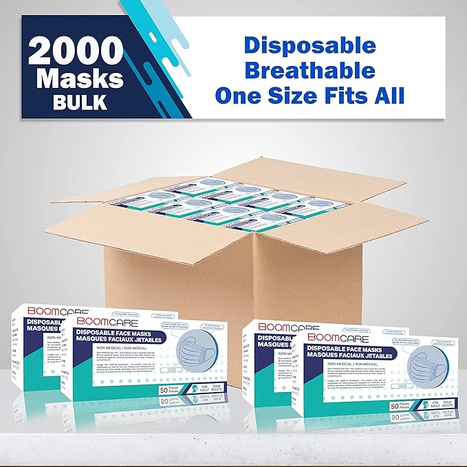 2000 Bulk Blue Disposable Face Masks Level 2 Non Woven Thick 3-Layers Breathable Facial Masks with Adjustable Earloop, Mouth and Nose