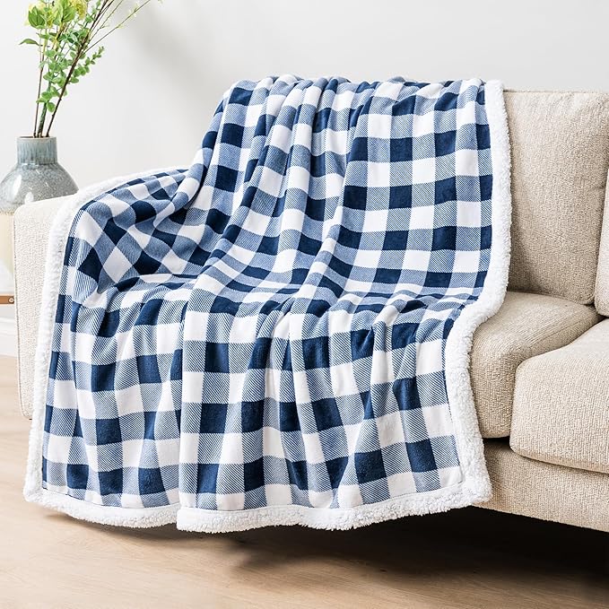 PAVILIA White and Navy Blue Buffalo Plaid Sherpa Throw Blanket for Couch Twin, Soft Fuzzy Flannel Blanket for Bed, Plush Checkered Fleece Blanket and Throws, Warm Thick Winter Blanket Gift, 60x80