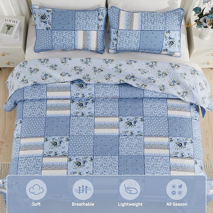 ENJOHOS Extra Wide Alaska King Quilts 132x120, 3 Pcs Blue Plaid Floral Oversized King Quilt, Extra Wide Bedspread Coverlet Set for All Seasons, Patchwork Reversible Bedding Set