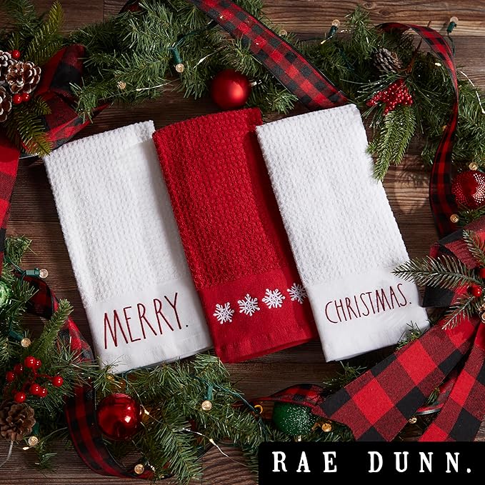 Rae Dunn Set of Hand Towels for Kitchen and Bathroom, 100% Cotton, Embroidered Dish Towels, Decorative Hand Towels, Christmas, 3 Pack
