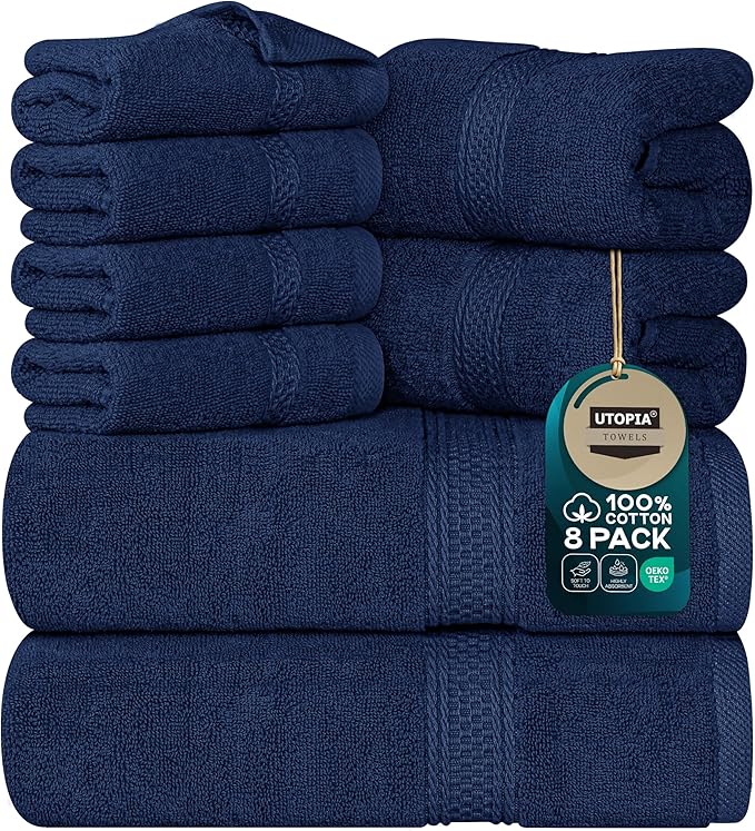 Utopia Towels 8 Piece Premium Towel Set, 2 Bath, 2 Hand, and 4 Wash Cloths, 600 GSM 100% Ring Spun Cotton, Highly Absorbent Towels for Bathroom, Gym, Hotel, and Spa, Navy Blue