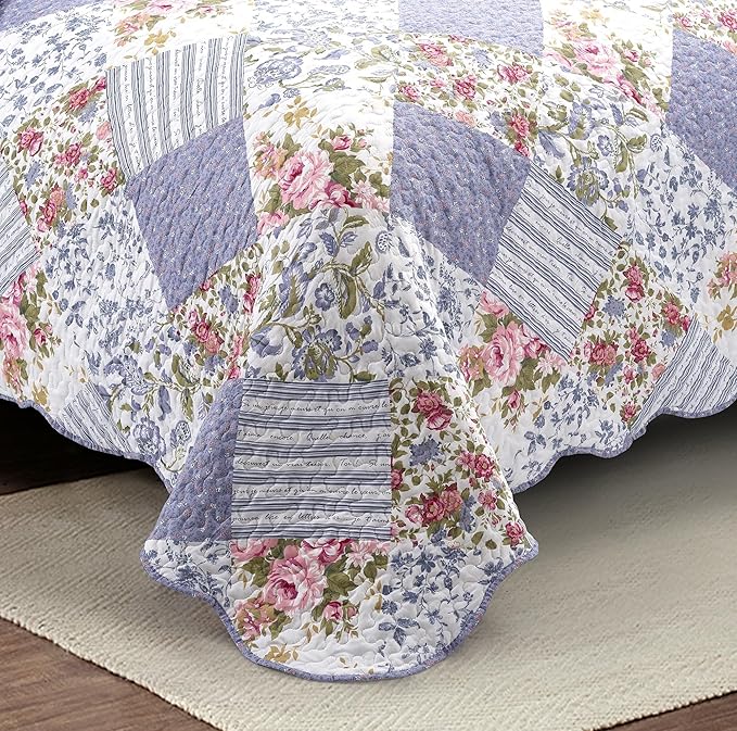Brilliant Sunshine Rose Violet Patchwork, 3-Piece Quilt Set with 2 Shams, Reversible Bedspread, Soft Lightweight Coverlet, All-Season, King, Rose Violet