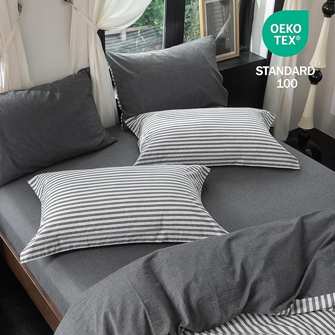 Reversible Duvet Cover Set 100% Washed Cotton Dark Grey Stripe Linen Feel Duvet Cover Queen Size with Zipper Closure & 2 Pillow Shams,Dark Grey/White Stripe Reverse Solid Dark Grey