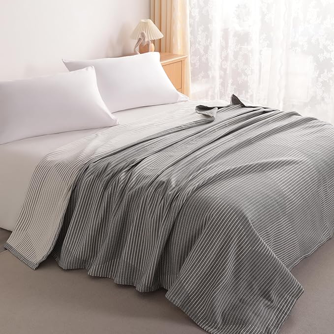 NTBAY 3 Layers Cotton Muslin 88x92 Queen Bed Blanket, Super Soft Breathable Thermal Yarn Dyed Quilt for Adults, Perfect Lightweight Blanket for Couch Sofa Bed All Seasons, Grey Striped