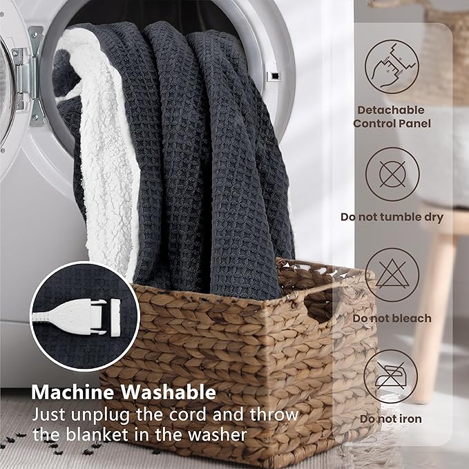 Heated Blanket Electric Blanket Twin Waffle, 62x84 Inches Sherpa Fleece Fast Heating Blanket 6 Heating Levels & 10 Hours Auto Off ETL Certification,Charcoal Grey Twin