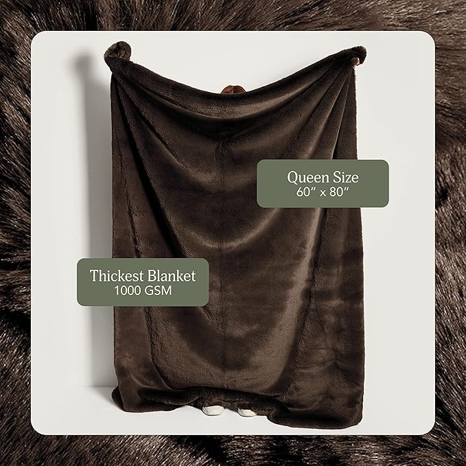 UnHide Marshmallow - Faux Fur Blanket - Heavy Weight, Extra Soft Blanket - Made from Recycled Materials - Machine Washable - Medium (60" x 80") - Chocolate Hair