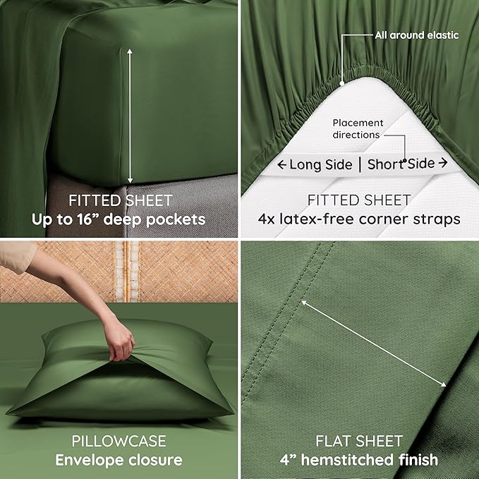 Bambaw 100% Viscose Derived from Bamboo Sheets King Size Set – 4pcs Cooling Deep Pocket King Sheet Set, Fits Up to 16'' with Elastic Corner Straps, Super Soft Sheets, Luxury Bedding (Olive)