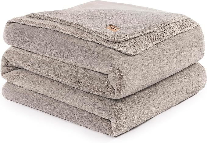UGG Plush Full/Queen Blanket, Fleece Fluffy Blanket for Bed, Luxury Cozy Oversized Throw for Couch, Washable Hypoallergenic Bedding Queen Size, 90" x 90", Seal Grey (Whitecap)